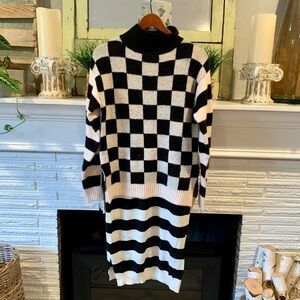 Standard by General Idea Striped Checkered Mock Neck Midi Sweater Dress M/L